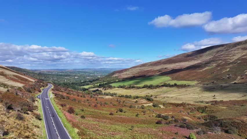 Brecon Beacons national park in Wales, Powys, Wales, Bannau Brycheiniog, September 2025, cinematic drone view