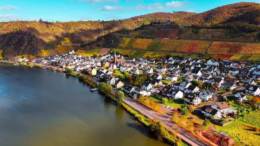 Aerial drone view of wine region of the Mosel Valley in autumn. Wine tourism Turant Castle, Rhineland-Palatinate, Germany . High quality 4k footage
