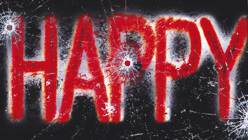 Distressed Red Happy Typography on Shattered Glass Texture on Dark Backdrop