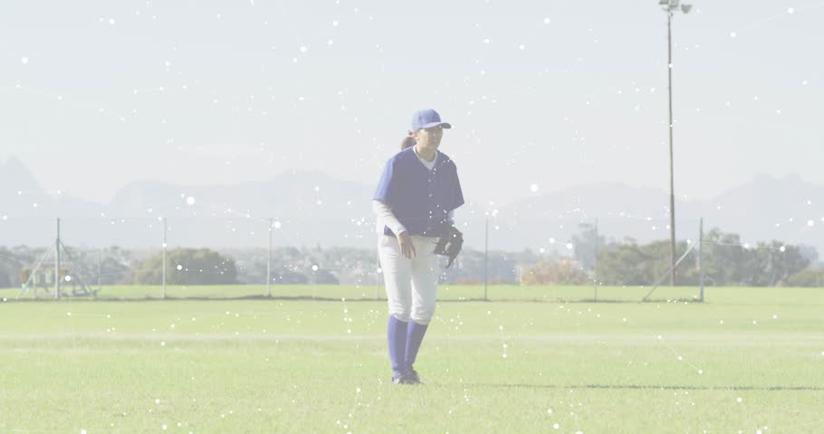 female softball player tracking incoming ball catching overhead throwing while HUD panels animate. Athlete, sports, digital, interface, team, competition, outdoor