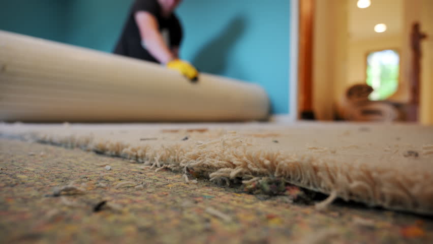 Carpenter rolling old carpet in rolls during home repair. Close up view. 