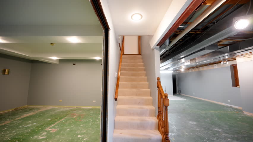 Empty stairway to basement under renovation with unfinished flooring, painted gray walls and hvac system under the ceiling