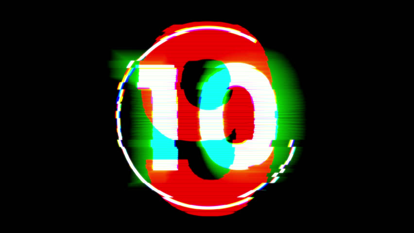 Digital countdown timer glitch effect. Number countdown from 10 to 0. Distorted screen, noise, VHS style animation. Concept of time, urgency, and start.	