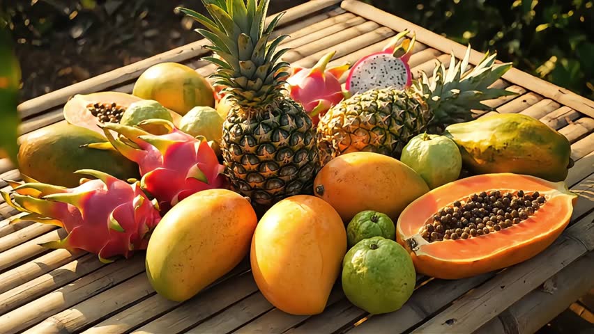 vibrant fresh tropical fruits like pineapple mango papaya and dragon fruit artfully arranged on a bamboo mat outdoors in sunlight.