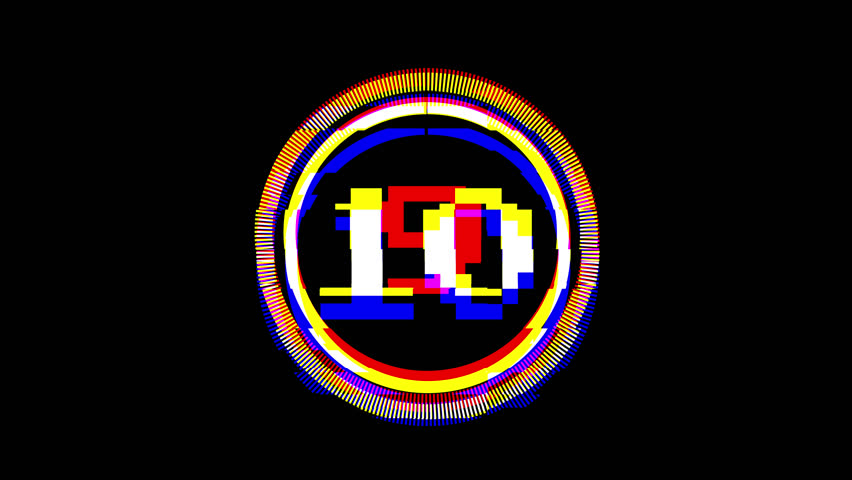 Modern 10-second countdown animation featuring a circular glitch effect and colorful distortion on a black background. Perfect for tech intros, sci-fi trailers, digital events, and motion graphic temp