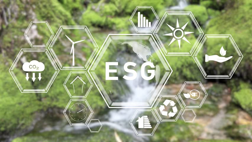 ESG icons concept. Environment, society and governance. Green sunny blurred river background.	

