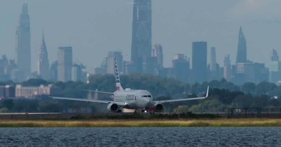 JFK Airport Runway in NYC with American Airlines Plane Ready for Take off 4k