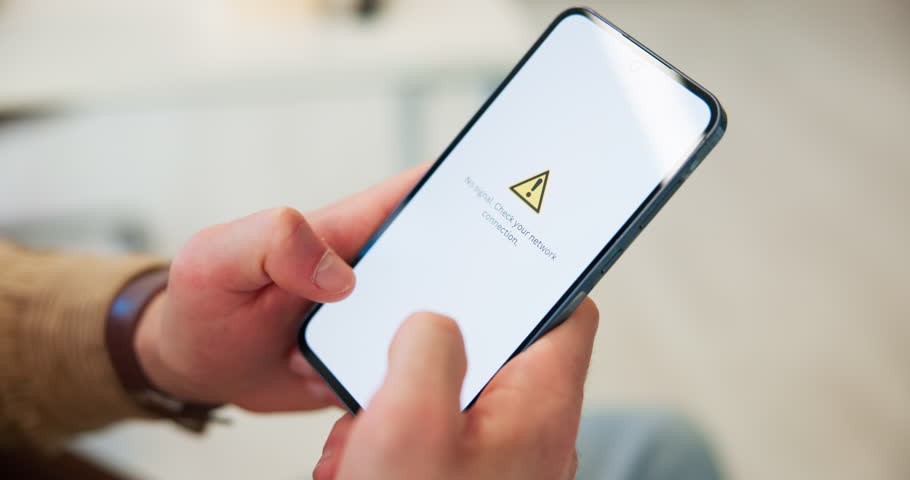 Hands, network connection or phone screen in office with poor signal, loading error or online issue. Scroll, person or man in workplace with technology glitch, mobile app problem or site testing fail