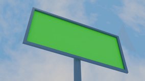 An outdoor advertising billboard with a blank green screen, ready for compositing your own content. The camera pans across multiple billboards against a bright blue sky with light clouds - Powered by Shutterstock - Get 15% off with code: PIKWIZARD15