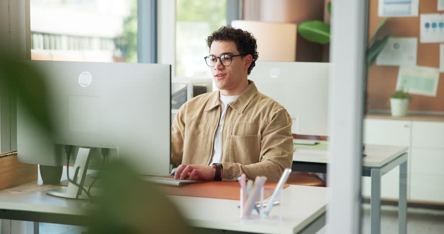 Business, man and stretching with computer in office for work break, completed task and good news. Person, relax and stress relief with pc for productivity, finish project and employee satisfaction
