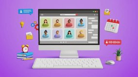 Online group call, video conference, online presentation of team, freelance coworkers, virtual discussion, digital meeting concept. Remote communication or webinar call on 3D computer. 4K 3D animation - Powered by Shutterstock - Get 15% off with code: PIKWIZARD15