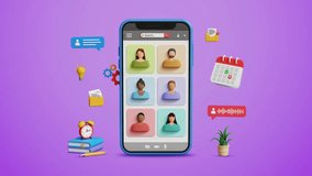 Online group call, video conference, online presentation of team, freelance coworkers, virtual discussion, digital meeting. Remote communication or webinar call on 3D smartphone. 4K 3D animation - Powered by Shutterstock - Get 15% off with code: PIKWIZARD15