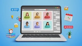 Business people, video conference, online meeting, online presentation or discussion, digital meeting. Virtual group communication and global webinar call on 3D laptop. 4K 3D animation - Powered by Shutterstock - Get 15% off with code: PIKWIZARD15