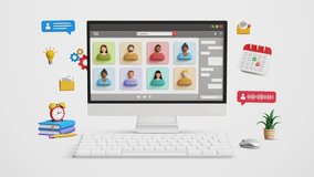 Virtual video conference, remote meeting, online presentation, collaboration, teamwork or cooperation concept. Virtual conference meeting or webinar call on 3D computer. 4K 3D animation - Powered by Shutterstock - Get 15% off with code: PIKWIZARD15