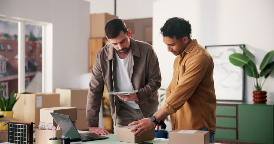 Barcode scanner, box and tablet with men in logistics office for delivery, distribution or shipping. App, ecommerce and tracking with supply chain team at work for agenda, online order or schedule