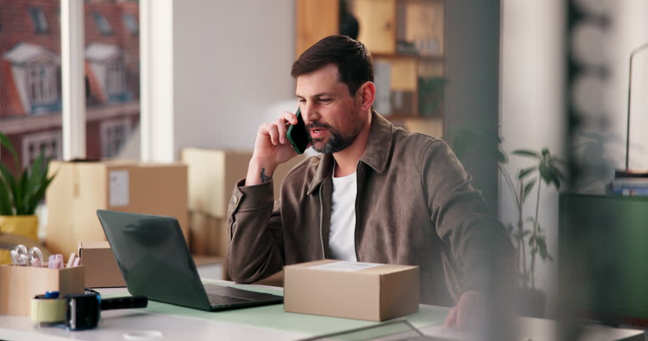Man, laptop and phone call in home office with box for ecommerce, communication or small business. Entrepreneur, talking and side hustle in house with tech for contact, online shop or stock delivery.