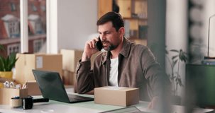Man, laptop and phone call in home office with box for ecommerce, communication or small business. Entrepreneur, talking and side hustle in house with tech for contact, online shop or stock delivery. - Powered by Shutterstock - Get 15% off with code: PIKWIZARD15