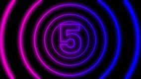 Neon countdown timer animation from 5 to 0 seconds with glowing number text and looping tunnel circle effect. Futuristic circular timer motion graphic.	
 - Powered by Shutterstock - Get 15% off with code: PIKWIZARD15