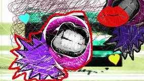 A dynamic and colorful pop art animation showcases exaggerated lips, stylized hearts, and abstract graffiti elements. The vibrant motion graphics create a playful and energetic visual experience perfe - Powered by Shutterstock - Get 15% off with code: PIKWIZARD15
