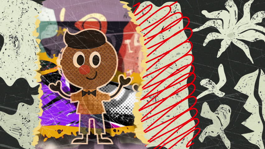Explore this energetic motion graphics video showcasing a cheerful, animated character against a vivid, abstract collage background. Ideal for creative projects, educational content, or engaging promo