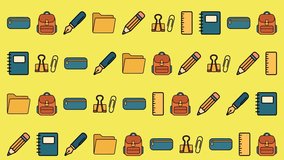 Seamless school pattern with colorful notebooks, pencils, pens, rulers, paper clips, folders, backpacks and pencil cases on yellow background - Powered by Shutterstock - Get 15% off with code: PIKWIZARD15