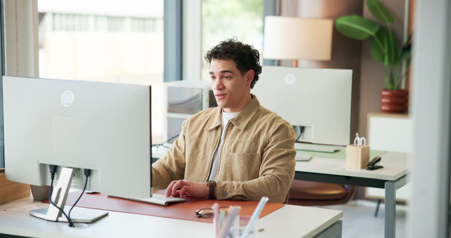 Creative, man and stretching with pc in office for work break, completed task and good news. Person, relax and stress relief with computer for productivity, finish project and employee satisfaction