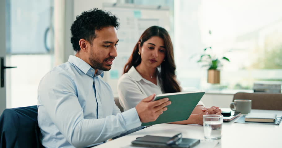 Tablet, business people and discussion in office for idea, insurance review and solution. Technology, happy team and planning in meeting for policy, premium coverage and agenda briefing with schedule