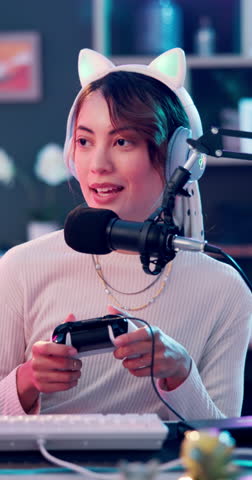 Game controller, influencer headphones or happy woman with microphone, content creator and esports player. Audio tech, gaming channel or streamer with console for recording, highlight video and gen z