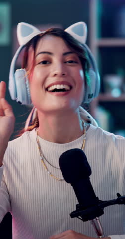 Face, influencer or live stream in home with heart hands for introduction, social media or hobby. Content creator, woman or podcast in house with love sign for greeting, online chat or talk show POV.