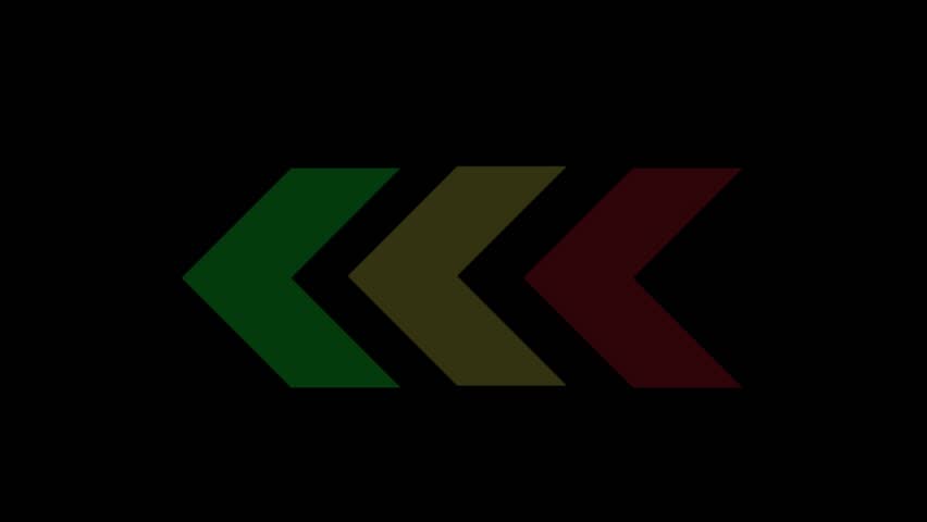 An animation of flashing chevron arrows in green, yellow, and red. This seamless loop with a black background indicates status or direction. Generative AI
