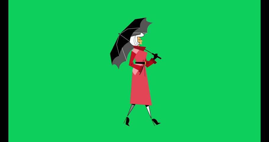 cartoon woman in red dress walking with black umbrella on green background illustration