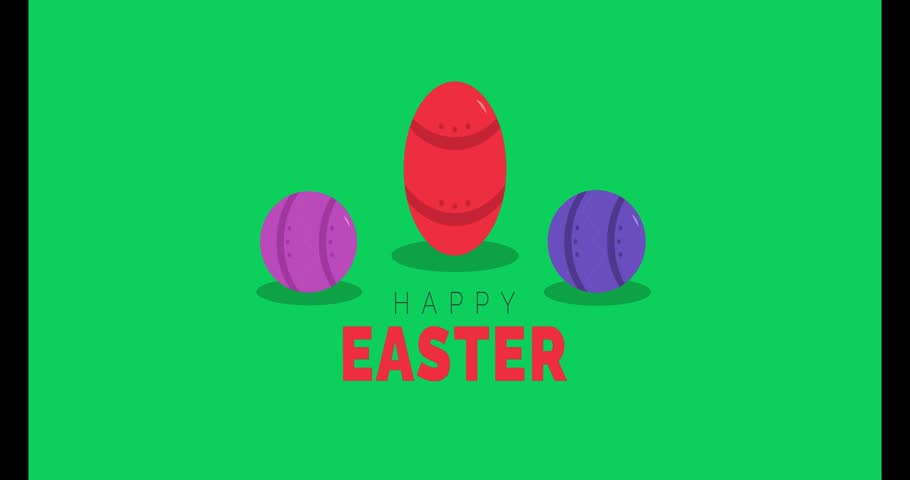 a happy easter graphic with purple and red eggs and a bunny on a green background.