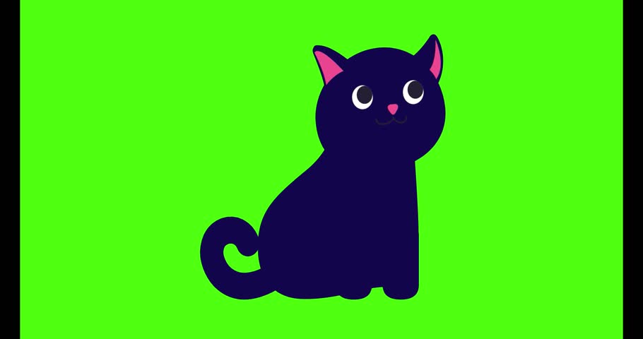 a cartoon of a dark blue cat with pink ears and nose on a bright green background animation.