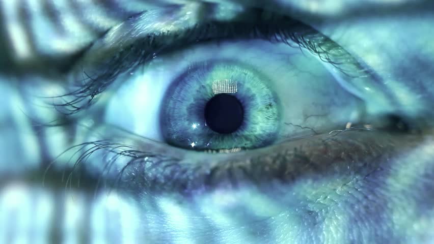 Woman, web binary code reflection database looking at software and computer laptop data. Eyes, close up with coding and digital program with tech vision and female checking. Technology Futuristic. man