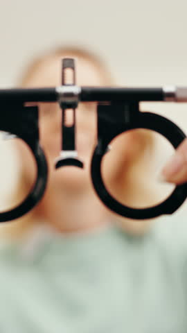 Trial frame, vision and eye care in clinic, optometrist and equipment for lens assessment and health. Person, oculist and tool for refraction process, pov or consultation for prescription in hospital