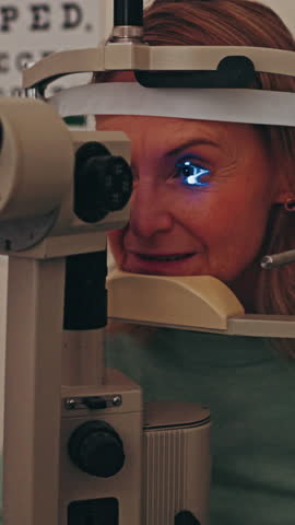 Laser, eye exam and mature woman in clinic, healthcare and machine for vision assessment or eyecare. Ophthalmology, patient and person with equipment, autorefractor and eyesight medical appointment
