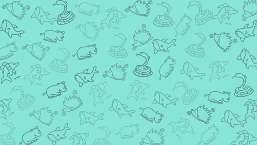 Seamless turquoise blue background with cute doodle animals including shark dolphin snake bear and hedgehog perfect for kids wallpaper summer design ocean theme and playful celebration decoration
