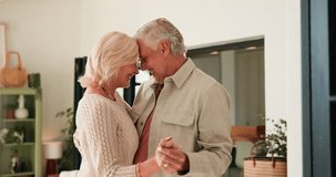 Dancing, senior couple and happy in home, romance and fun on weekend in living room and relationship. Retirement, flare and elderly people with rhythm, celebration or bonding for anniversary in house - Powered by Shutterstock - Get 15% off with code: PIKWIZARD15