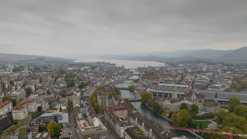 cloudy day zurich central cityscape aerial panorama 4k timelapse switzerland