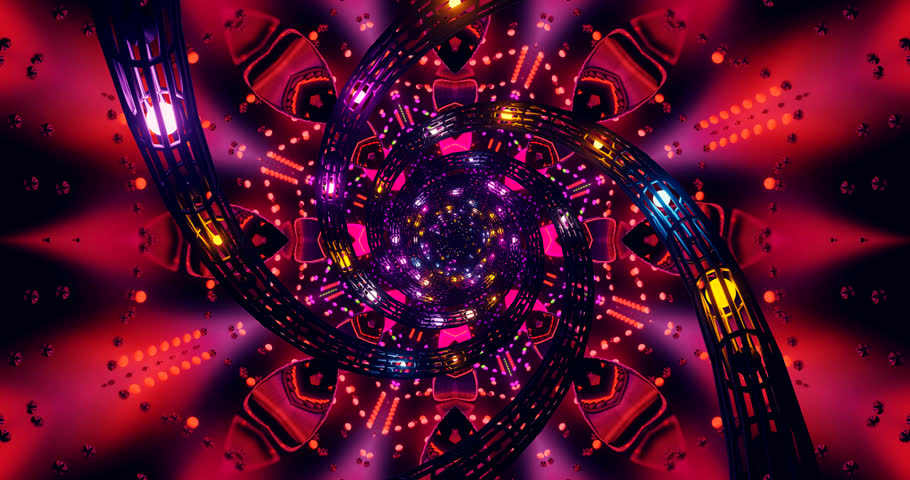 A spiraling tunnel with bright, colorful lights and curving tracks. The background is a glowing floral pattern.