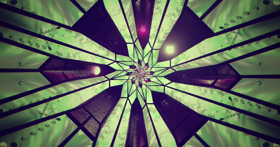 A 3d loop of a tunnel made of kaleidoscope with geometric, stained-glass-like patterns and seamless motion