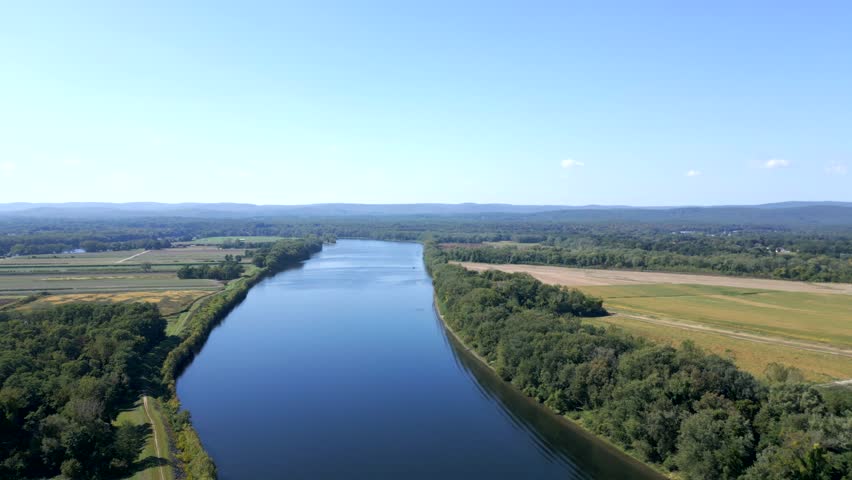 Scenic aerial view of Connecticut River in Hadley, Massachusetts countryside