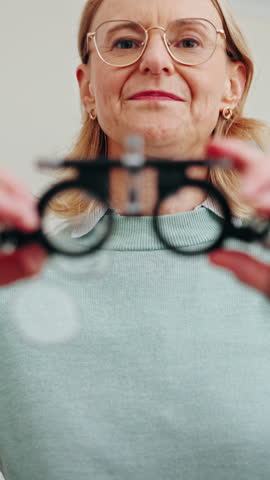 Trial frame, pov and eye test in clinic, optometrist and equipment for vision assessment and health. Woman, oculist and tool for refraction process, lens and consultation for prescription in hospital