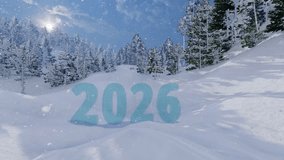Happy New Year 2026 on Christmas landscape with snowy pine trees, snow, christmas tree and snowflakes. New Year 2026 3d Rendering Animation. - Powered by Shutterstock - Get 15% off with code: PIKWIZARD15