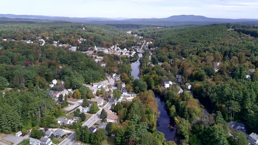 Aerial approach northward to the center of Peterborough, New Hampshire #1