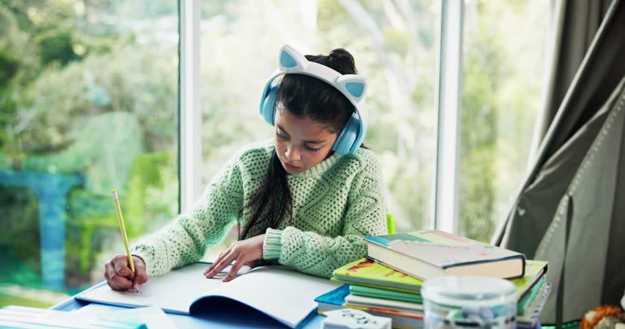 Headphones, homework and girl with books for writing, thinking of answer and learning with music. Education, home and child with audio, lesson podcast and sound to concentrate on academic activity