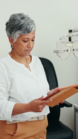 Clinic, optometrist and mature woman with tablet, browsing and check schedule on website and online. Scroll, medical diagnosis and oculist with eye exam results, tech and reading info in hospital