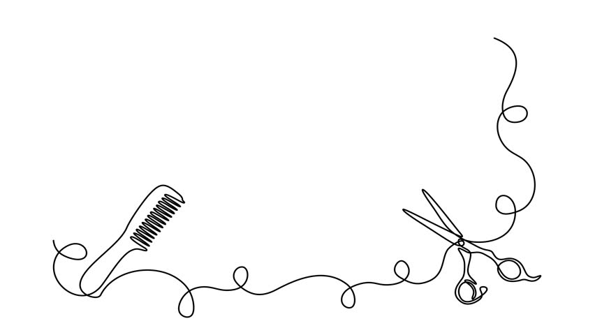 Animated self drawing of continuous line draw hair scissors and comb. Modern design for hair salon or hair salon.  Full length one line animation. 4K	