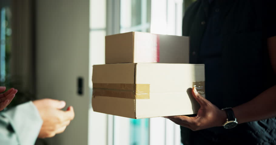 Hands, courier and client with boxes at front door, service or shipping for online shopping order at home. Person, customer and delivery for ecommerce, parcel or cardboard package for import at house