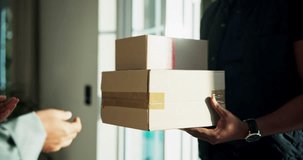 Hands, courier and client with boxes at front door, service or shipping for online shopping order at home. Person, customer and delivery for ecommerce, parcel or cardboard package for import at house - Powered by Shutterstock - Get 15% off with code: PIKWIZARD15